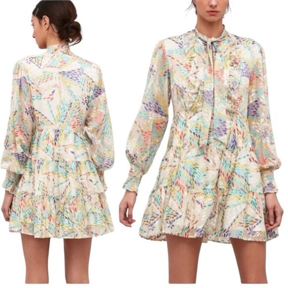 C/MEO Collective Ivory Burnout Velvet Long Sleeve Babydoll Mini Dress Sz S - Picture 10 of 12